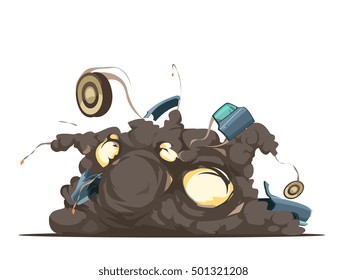 Remote controle car bom explosion  detonation moment with flying debris at blast site retro cartoon poster vector illustration 