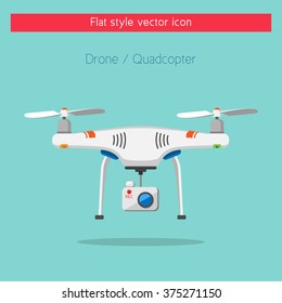 Remote controlled aerial drone with a camera and recording button taking photography or video recording . Isolated vector art. Flat style concept design.