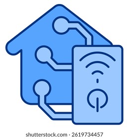 Ícone de Dispositivos domésticos controlados remotamente representado por Controle remoto, Início, Dispositivos, circuito Estilo azul.
