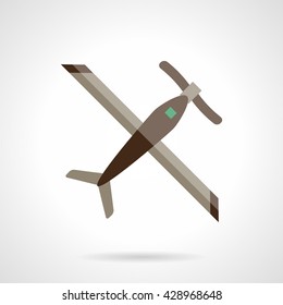 Remote controlled plane. Unmanned aerial vehicles. Airplane with propeller a top view.  Flat color style vector icon