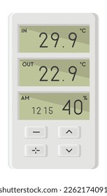 Remote controller for air conditioner, screen showing temperature in room, humidity. Isolated panel with buttons for controlling and adjusting to preferences of homeowner. Vector in flat style