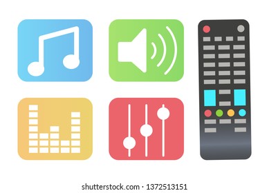 Remote controller for tv controlling vector, settings and music icons set, flat style. Loudspeaker and note sign, infographics and information isolated