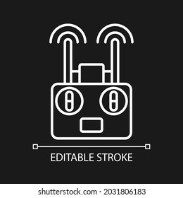 Remote controller white linear manual label icon for dark theme. Thin line customizable illustration. Isolated vector contour symbol for night mode for product use instructions. Editable stroke
