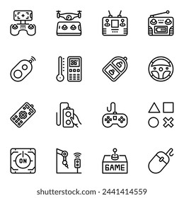 Remote controller and wireless device line icons set. monitor, pad, pc, player, stroke, remote, wireless, video, wheel, automated, smart, outline, electronic, play, control, button, game, connection