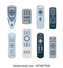 Remote controllers for tv. Electronic control items for smart home and different technics garish vector controllers in cartoon style
