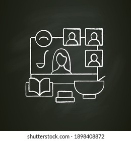 Remote cooking together chalk icon. Meeting online concept. Internet streaming website. Social distanced culinary training course, master class. Isolated vector illustration on chalkboard