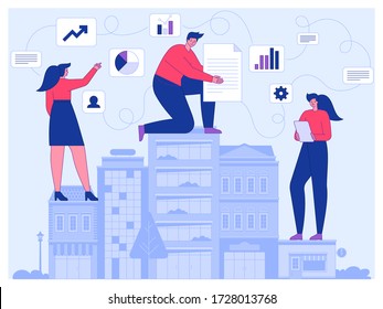 Remote coworking business team of users connected in network by cloud computing. Global outsourcing communication, distant work, online collaboration. Flat vector illustration