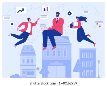 Remote coworking business team of users connected in network by cloud computing. Remote business management, wireless computing service concept. Flat vector illustration