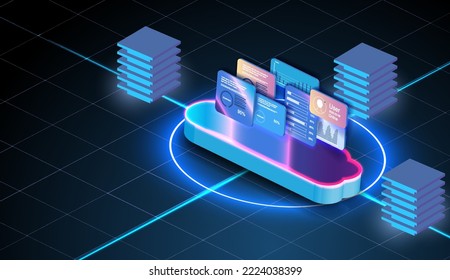 Remote-Rechenzentrum für die Verwaltung moderner Technologien. Vector Cloud, das Konzept der Cloud-Speicherung, Datenübertragung,