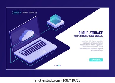 Remote data storage, cloud system technology, open laptop with cloud icon, networking internet isometric vector Remote data storage, cloud system technology, open laptop with cloud icon, networking internet isometric vector