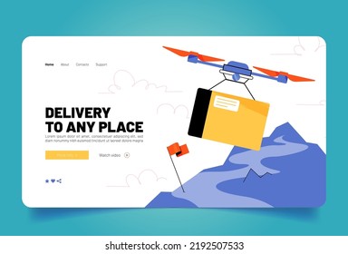 Remote delivery banner with flying drone with parcel or mail package flying above mountain. Vector landing page of fast post service, automated aerial shipping