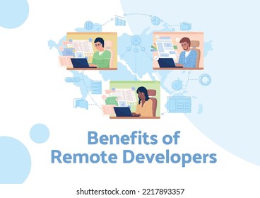 Remote developers benefits flat vector banner template. Hiring freelance workers advantages poster, leaflet printable color designs. Editable flyer page with text space. Palanquin Dark font used