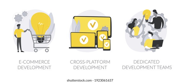 Conjunto de ilustraciones vectoriales de concepto abstracto de equipos de desarrolladores remotos. Desarrollo de comercio electrónico, multiplataforma, equipo dedicado, aplicación web, entorno de software, metáfora abstracta del sistema operativo.