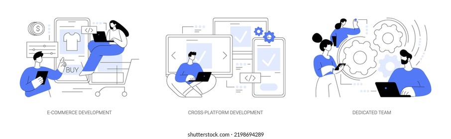 Remote developers team abstract concept vector illustration set. E-commerce development, cross-platform, dedicated team, web application, software environment, operating system abstract metaphor.