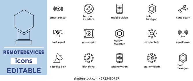 Dispositivos remotos y conjunto de iconos de línea de Tecnología inteligente. Señal inalámbrica, antena parabólica, visión móvil y símbolos de Vector de sensores IoT.