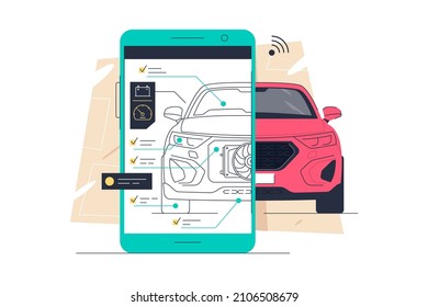 Remote diagnostics of vehicles, car service and maintenance vector illustration. Tablet pc screen with diagnostic process flat concept