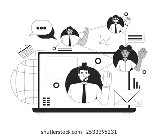 Remote digital marketing team black and white 2D illustration concept. Social media specialists working together outline characters isolated. Retail business promotion metaphor monochrome vector art