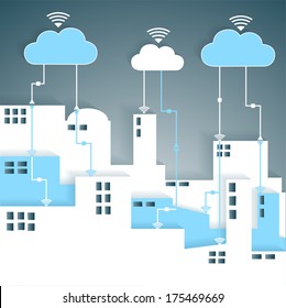 Remote distance learning or work from home cloud Computing Connectivity Paper Cutout City Network - Wifi Internet Connectivity concept, EPS10 Grouped and Layered 