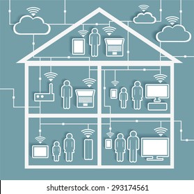 Remote distance learning or work from home Wifi Internet Connectivity concept - Cloud Computing Paper Cutout Stickers with Cutaway Residential House - Grouped and Layered, contains blends

