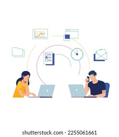 Remote or distant work, freelance team, online network project, financial review, company busness report, presentation with data and inforgraphic. Men and women working on laptops. Vector illustration