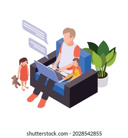 Remote Distant Work From Home Isometric Composition With Man Sitting In Chair With Laptop Surrounded By Playing Children Vector Illustration