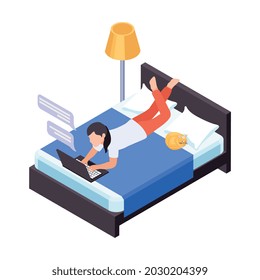 Remote distant work from home isometric composition with girl lying in bed and laptop with messaging bubbles vector illustration