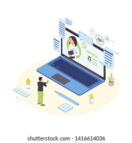 Remote doctor consultation isometric illustration. Male patient on video conference with cardiologist. Telemedicine specialist giving prescriptions cartoon character. Distance medical service