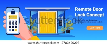 Remote door lock concept smart home security mobile app controlling entrance modern house yellow door plants blue background landing page
