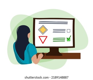 Remote driving test. A woman chooses an answer to an online test question. Driving school education. Stages of training in a driving school. Learning the rules of the road. Flat vector illustration