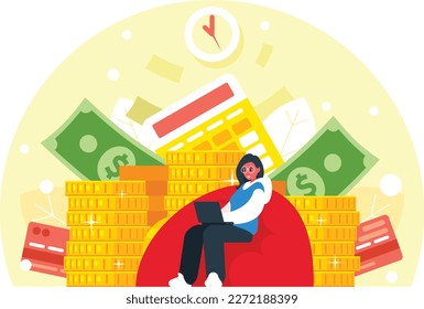 Remote earnings concept. Stacks of gold coins and dollar banknotes. Capital accumulation. Female freelancer with laptop on bag chair. Programmer sitting on the couch and working on a laptop. Vector