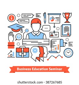 Remote education business seminar background. Thin line art flat illustration with icons.