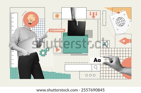 Remote education. Contemporary art collage with student in online lesson. E learning and study. Creative poster related to gaining knowledge at school. Flat vector illustration in halftone style