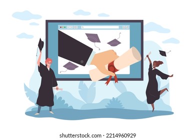Remote education, diploma for students graduates, certificate of digital learning. E-learning and distance education in university, school or courses. Virtual graduation vector concept