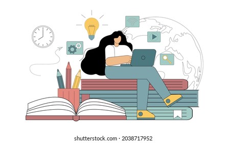 Remote education. E-learning concept. Online video tutorial. Vector illustration on white background.