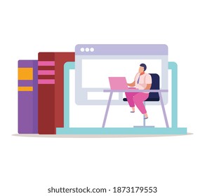 Remote education and electronic gadget flat recolor vector illustration