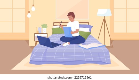 Remote education flat color vector illustration. Online public school. Happy boy doing assignment comfortably in bed. Fully editable 2D simple cartoon characters with bedroom on background