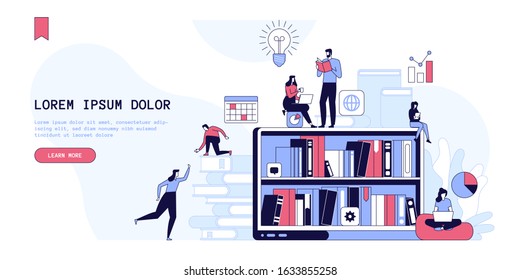 Remote education landing page vector template. Online school, bookshop website homepage interface idea with flat illustrations. Internet studying, digital books. E learning web banner cartoon concept