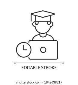 Icono lineal de educación a distancia. Cursos de formación en línea, e aprendiendo en línea ilustraciones personalizables. Símbolo de contorno. Dibujo esquemático aislado de vectores de graduados de escuelas de negocios. Trazo editable