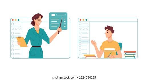 Remote education and online studies. Teacher explaining new discipline to pupil via video call application. Obtaining knowledge during coronavirus lockdown and self isolation tutoring elearning vector