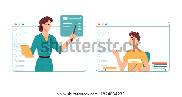 Remote education and online studies. Teacher\
explaining new discipline to pupil via video call application.\
Obtaining knowledge during coronavirus lockdown and self isolation\
tutoring elearning\
vector