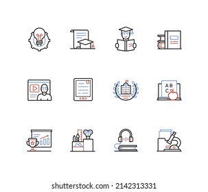 Remote education and studying - line design style icons set with editable stroke. University graduation, students, science and elementary school, books, laptop, achievement, microscope, learning idea