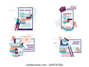 Remote Education and Training Advertisement Set. Media Library, Video Tutorials and Distant School Promotion Cards Kit. Cartoon Men and Women Get Knowledge Online. Vector Flat Illustration
