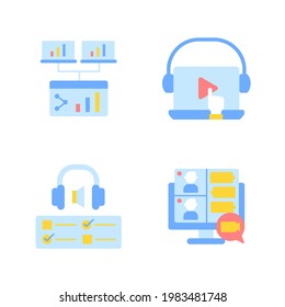 Remote education vector flat color icon set. Sharing information online. Elearning course. Studying on internet. Cartoon style clip art for mobile app pack. Isolated RGB illustration bundle