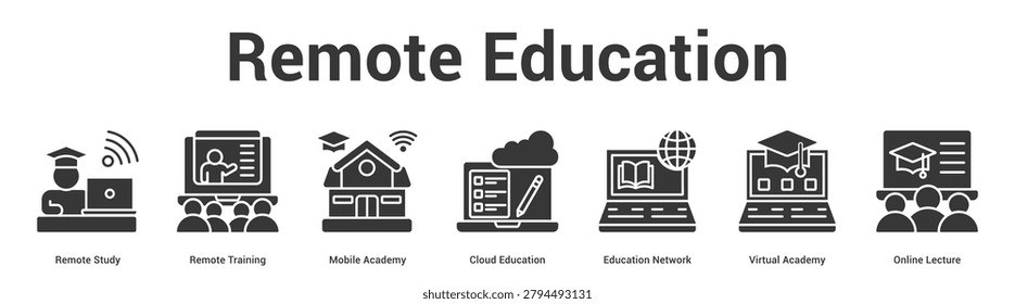 Remote Education web banner icon set vector illustration concept for business with icon of Remote Study, Remote Training, Mobile Academy, Cloud Education, Education Network, Virtual Acade.