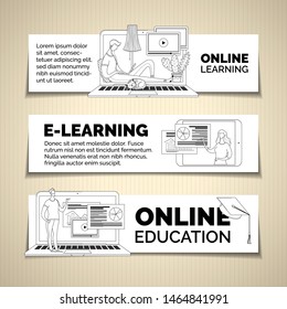 Remote education web banners linear templates set. Data analytics, infographics visualization Internet course illustrations pack with text space. Video tutorials, e learning posters design