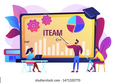 Remote education, web seminar. Computing and hi tech classes. IT management courses, online IT Manager, IT management training courses concept. Bright vibrant violet vector isolated illustration