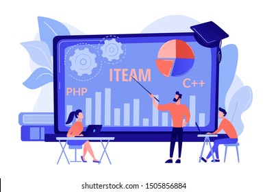 Remote education, web seminar. Computing and hi tech classes. IT management courses, online IT Manager, IT management training courses concept. Bright vibrant violet vector isolated illustration