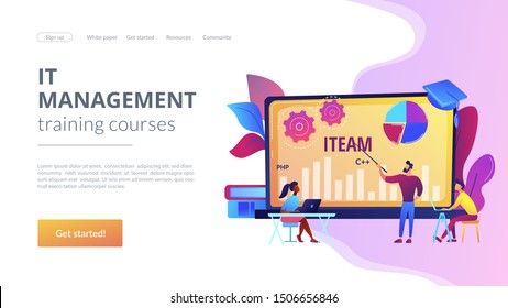 Remote education, web seminar. Computing and hi tech classes. IT management courses, online IT Manager, IT management training courses concept. Website homepage landing web page template.