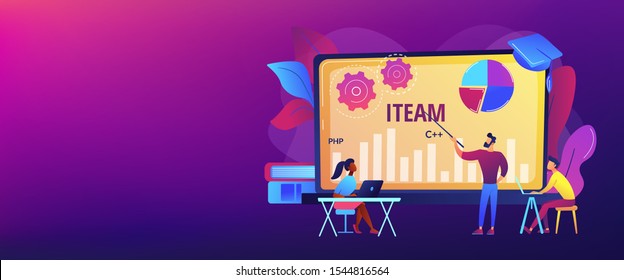 Remote education, web seminar. Computing and hi tech classes. IT management courses, online IT Manager, IT management training courses concept. Header or footer banner template with copy space..