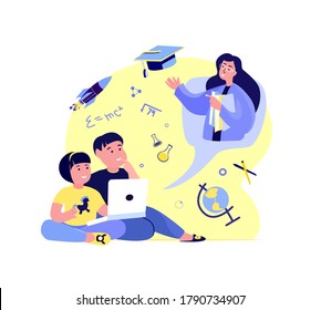 Remote Education.Online Digital Lesson Tutorial Education for Children.Teacher Coach Explain Knowledge for Pupil on Video Laptop. Student Study. Homework Home School.Internet Learn.Vector Illustration